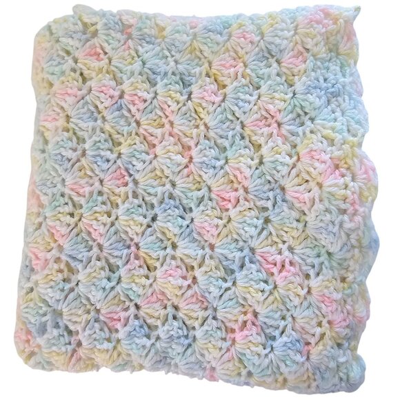 VTG Pastel Rainbow Colors Crochet/Knit Wool Square 30"x33" Baby Blanket Throw - Picture 10 of 13